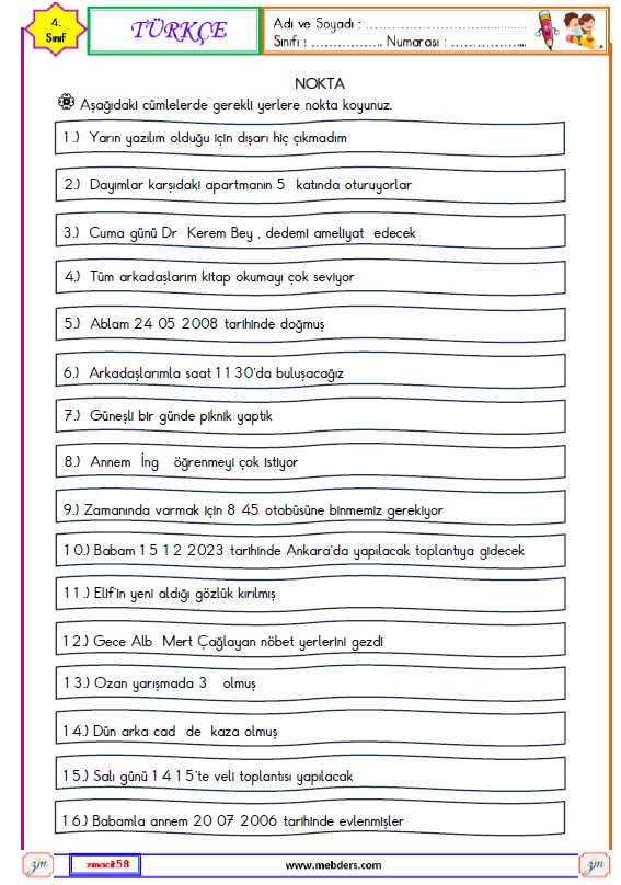 4. Sınıf Türkçe Nokta Etkinliği 2